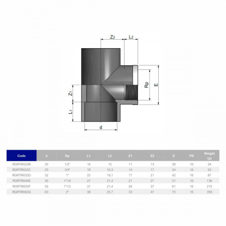 Тройник 90° c металлическим кольцом EFFAST d20x1/2" (RGRTIR020B)